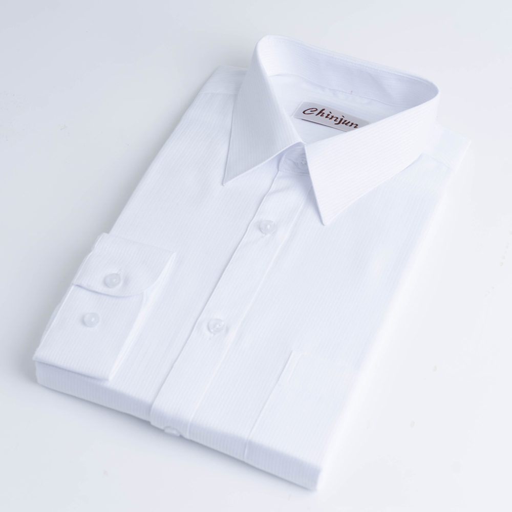 CHINJUN商務抗皺襯衫長袖、白底白條紋