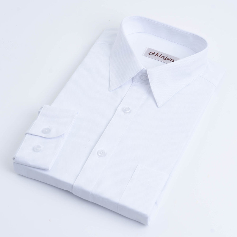 CHINJUN商務抗皺襯衫長袖、白底白斜紋
