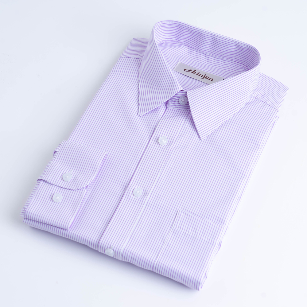CHINJUN商務抗皺襯衫長袖、白底紫線條紋