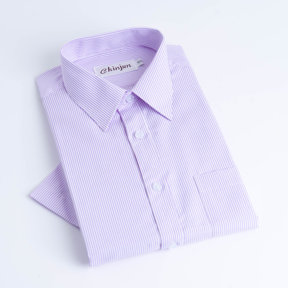 CHINJUN商務抗皺襯衫短袖、白底紫線條紋