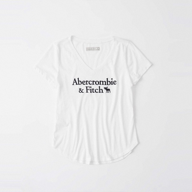 A&F 麋鹿 經典V領刺繡文字大麋鹿短袖圖案T恤(女)-白色