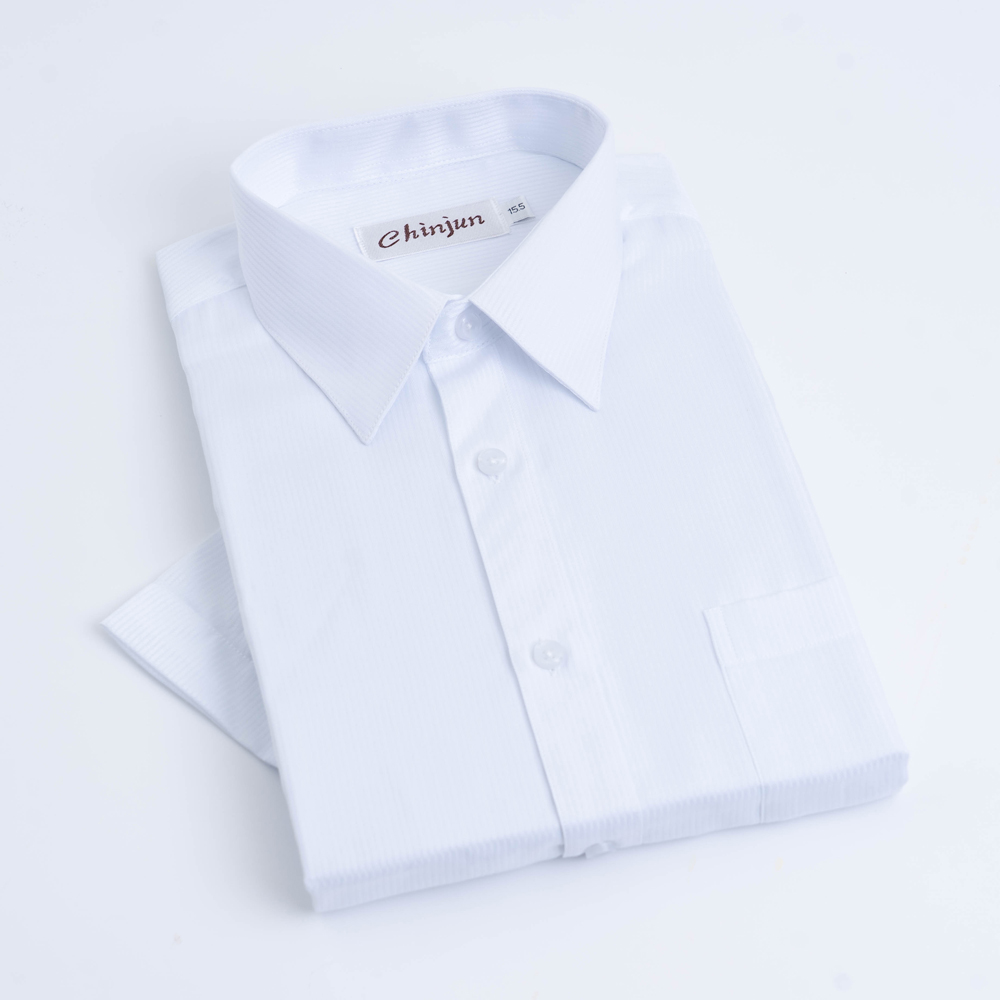 CHINJUN商務抗皺襯衫短袖、白底白條紋