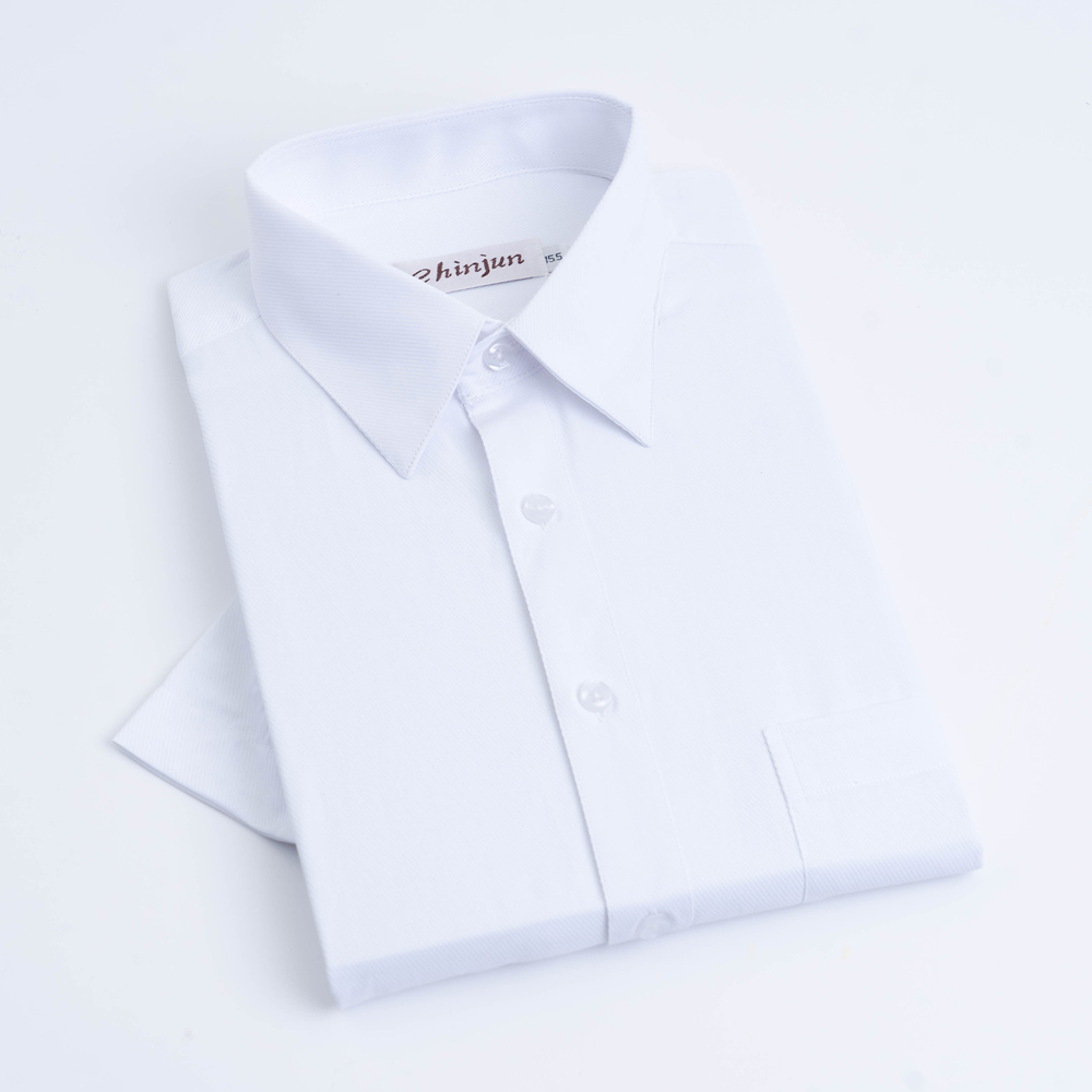 CHINJUN商務抗皺襯衫短袖、白底白斜紋