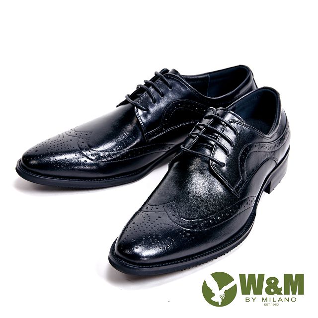 W&M 光感牛皮革 精緻流線壓花型男皮鞋-黑
