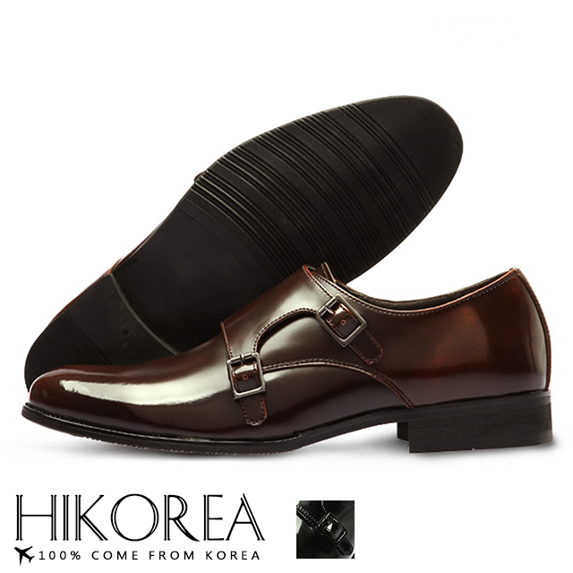【HIKOREA】韓國空運/版型正常。紳士款鞋面拼接皮革釦帶裝飾尖頭皮鞋(73-357共2色/現+預)