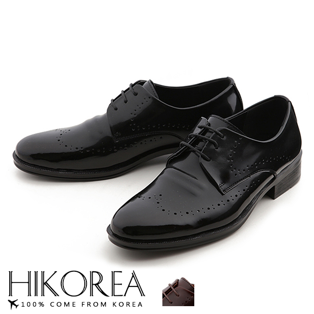 【HIKOREA】韓國空運/版型正常。男款質感皮革拼接牛津雕花設計紳士尖頭皮鞋(73-374共2色/現貨+預購)
