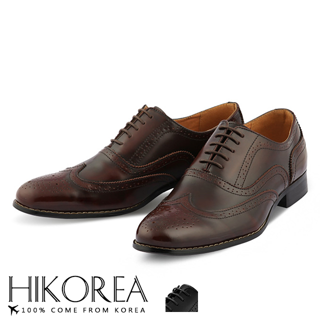 【HIKOREA】韓國空運/版型正常。男款層次拼接牛津雕花設計綁帶紳士尖頭皮鞋(73-375共2色/現貨+預購)