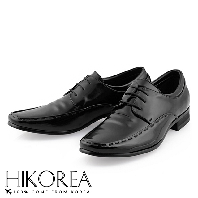 【HIKOREA】韓國空運/版型正常。男款簡約亮面皮革粗針縫線裝飾紳士皮鞋(73-385/現貨+預購)