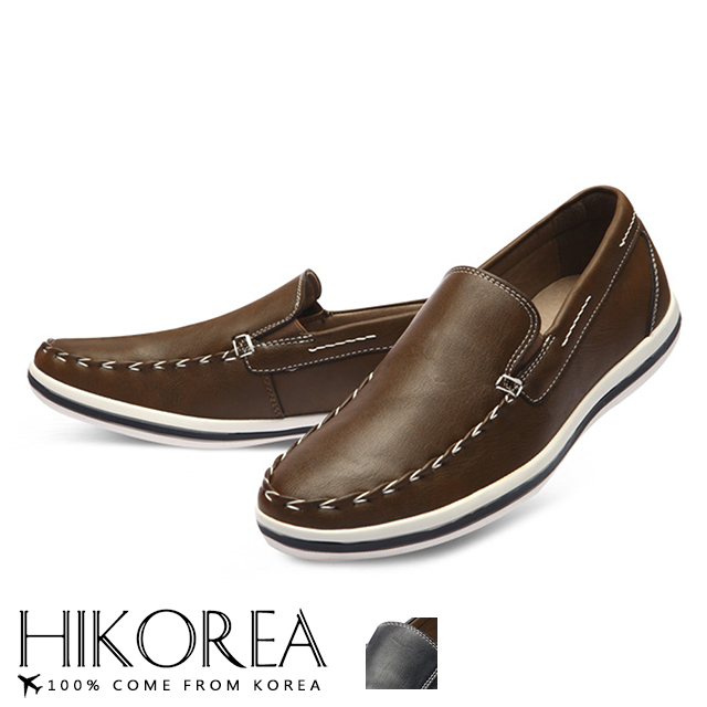 【HIKOREA】韓國空運/版型正常。男款簡約素面皮革縫線裝飾船型休閒鞋(73-401共2色/現貨+預購)