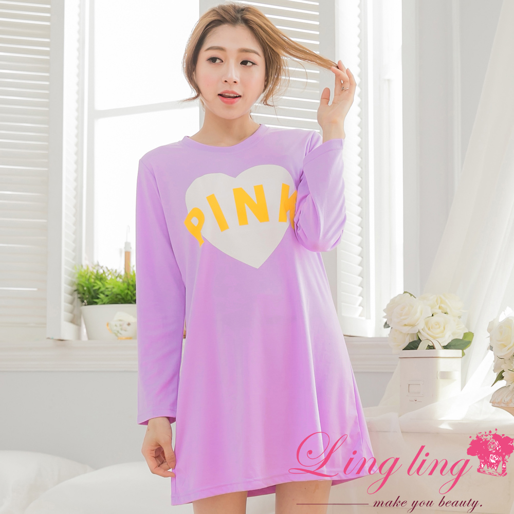 lingling A3063-01全尺碼-甜味女孩PINK愛心棉質長袖連身裙睡衣(甜蜜紫)