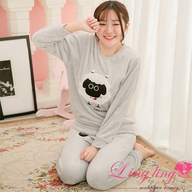 lingling A3852全尺碼-小羊貼布英字水貂絨長袖睡衣+長褲(二件式睡衣組)(休閒灰)