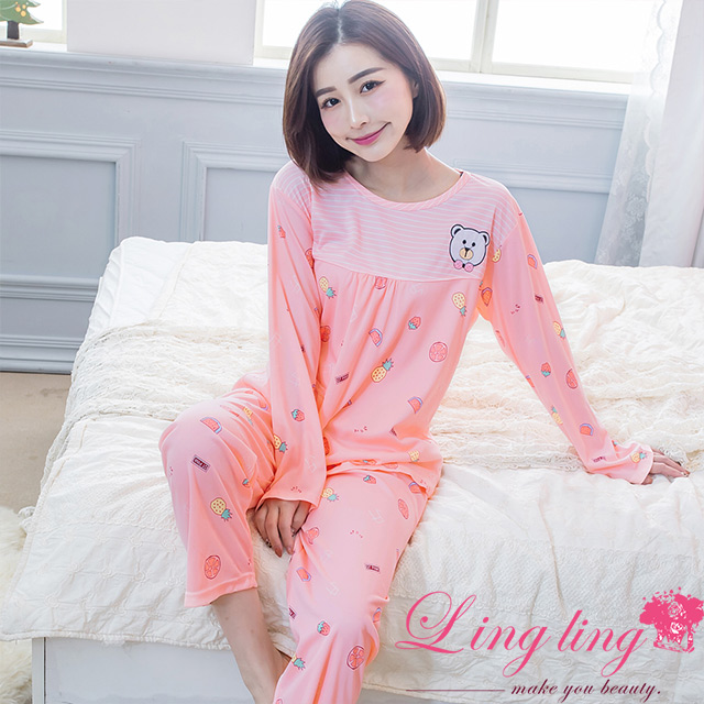 lingling A4247全尺碼-活潑俏甜條紋熊熊貼布牛奶絲長袖睡衣+長褲(二件式睡衣組)(清甜淺桔)