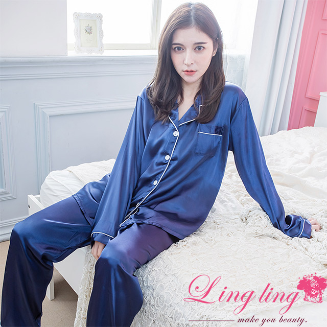 lingling A4311全尺碼-永恆奢貴素色全開釦軟緞長袖睡衣+長褲(二件式睡衣組)(永恆深藍)