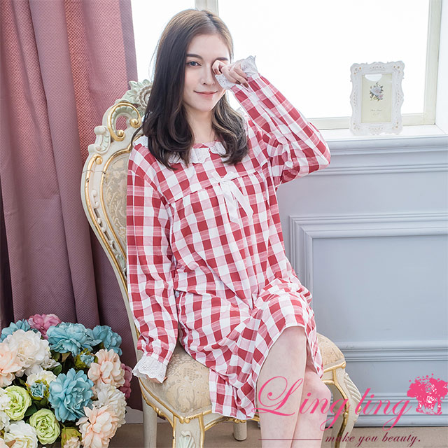 lingling A4352-01全尺碼-日系古典格紋布蕾絲長袖連身裙睡衣(日系紅)