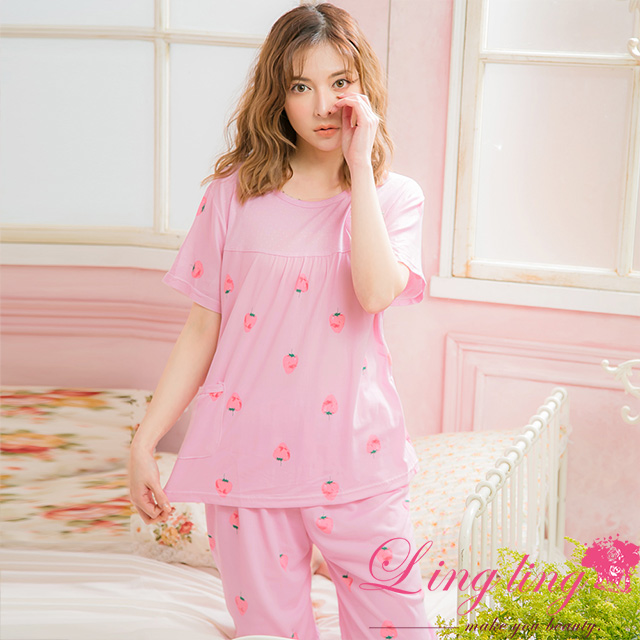 lingling A4038-01全尺碼-俏麗風格草莓貼布插畫短袖睡衣+五分褲(二件式睡衣組)(俏麗粉紫)