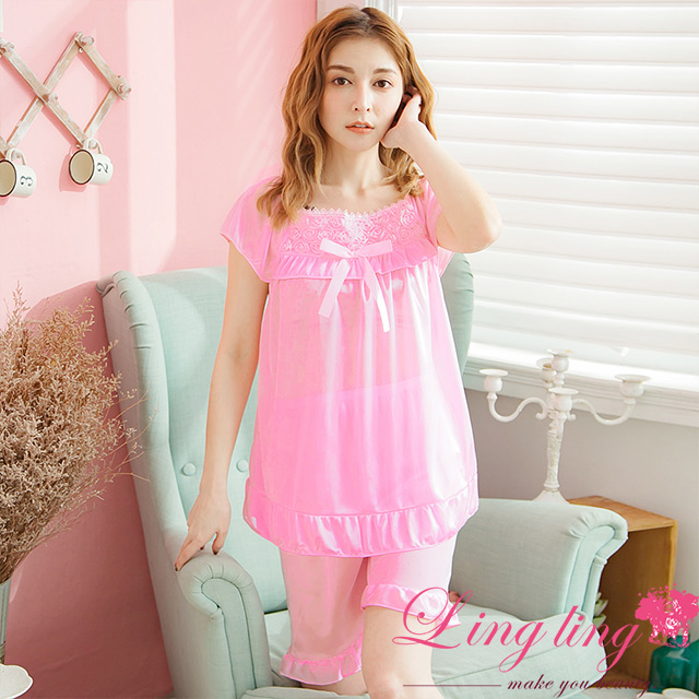 lingling A3631-07全尺碼-微甜網紗立體玫瑰冰絲短袖睡衣+短褲(二件式睡衣組)(甜蜜深粉)
