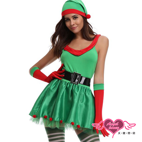 角色扮演 調皮精靈 聖誕風格連身裙派對表演服(綠F) AngelHoney天使霓裳
