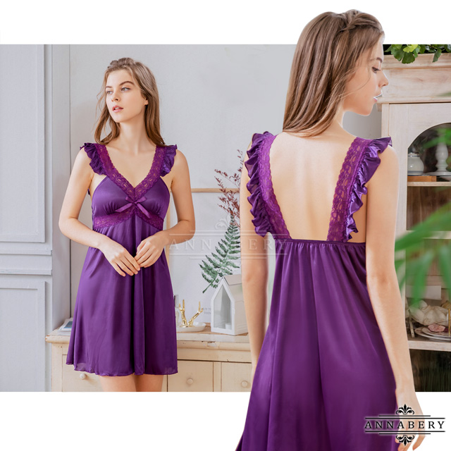 【Annabery】大尺碼 浪漫紫荷葉蕾絲柔緞連身性感睡衣裙