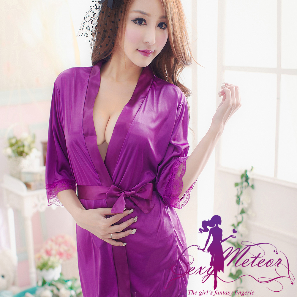 Sexy Meteor W1051-03全尺碼-誘惑無限開襟綁帶柔緞罩衫睡衣+丁字褲(二件式性感睡衣組)(芬芳紫)