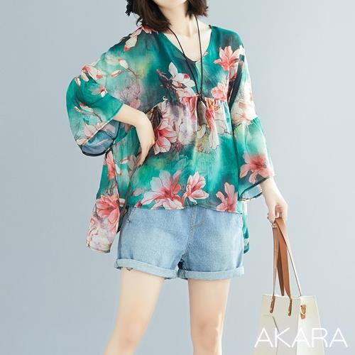 AKARA 日系和風款染綠紅花上衣