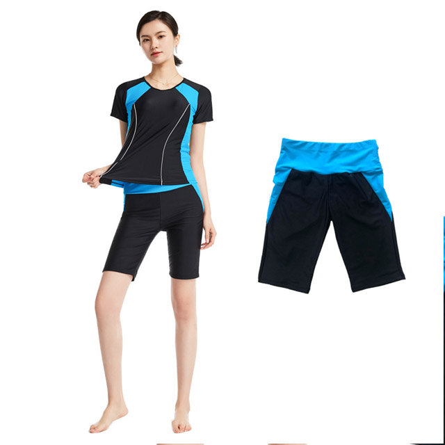 Biki 比基尼妮泳衣，M-4XL基礎保守單五分褲單泳褲有色加大-單泳褲(黑藍色)