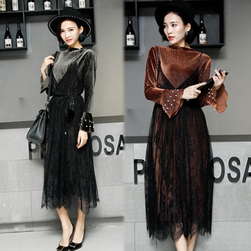 【韓國K.W.】KBM1544 秋冬完美輕奢華二件式二穿蕾絲絲絨洋裝