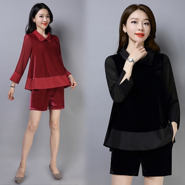 【韓國K.W.】KQM1502 襯衫立領雪紡拼薄絨二件式套裝