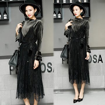 【韓國K.W.】L~XL現貨完美輕奢華二件式二穿蕾絲絲絨洋裝