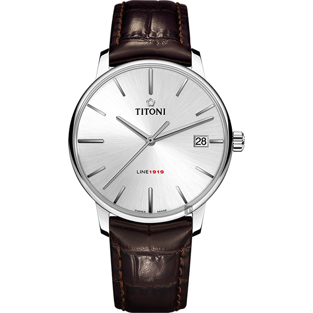 TITONI 梅花錶 LINE1919 百年紀念 T10 機械錶-銀x咖啡色錶帶/40mm 83919 S-ST-575