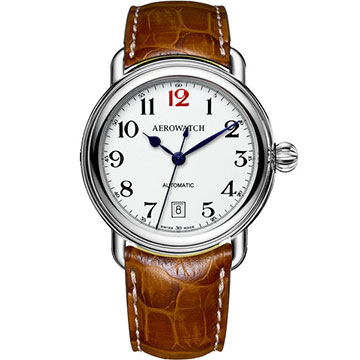 AEROWATCH 復刻紳士時尚機械腕錶-白x棕/40mm A60900AA15