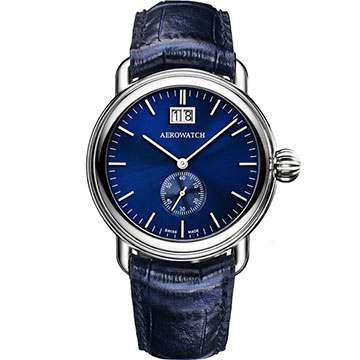 AEROWATCH 太陽飾紋大日期小秒針腕錶-藍/40mm A41900AA02
