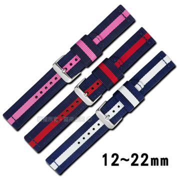 Watchband / 12.14.16.18.20.22mm / 各品牌通用時尚指標休閒尼龍帆布錶帶 藍白/藍紅/藍粉