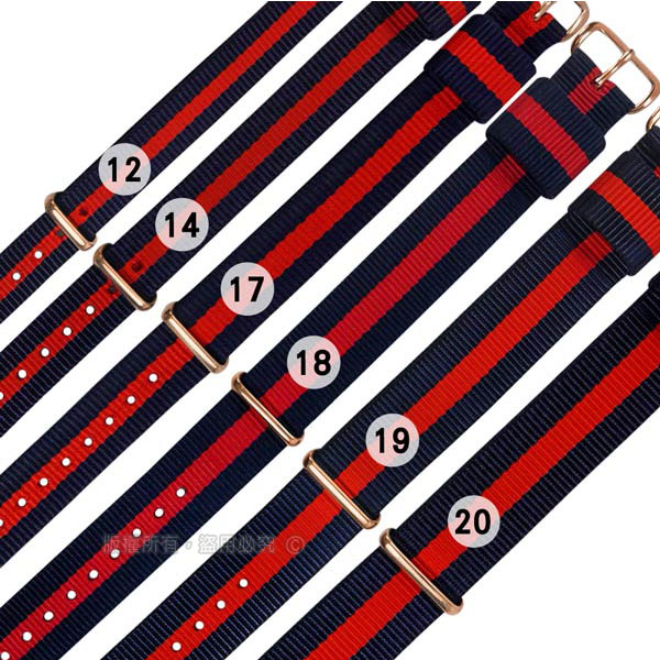 Watchband / DW 各品牌通用 鍍玫瑰金不鏽鋼扣頭 尼龍錶帶 藍x紅