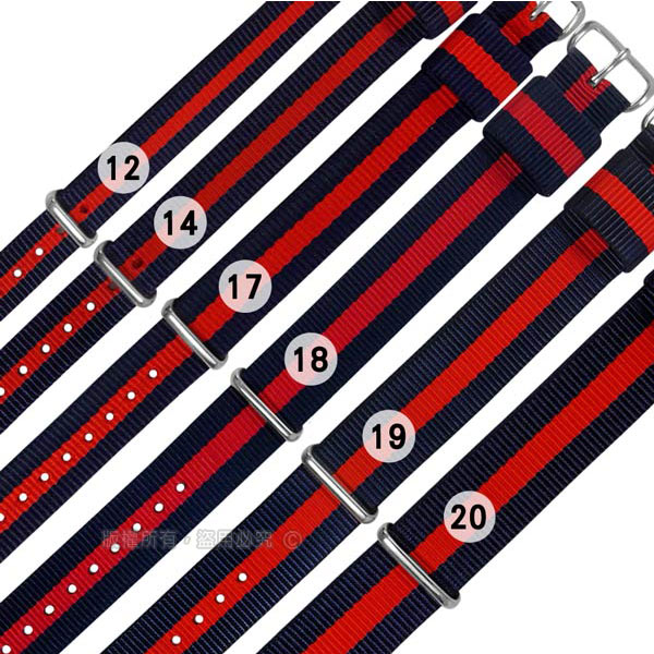Watchband / DW 各品牌通用 不鏽鋼扣頭 尼龍錶帶 藍x紅
