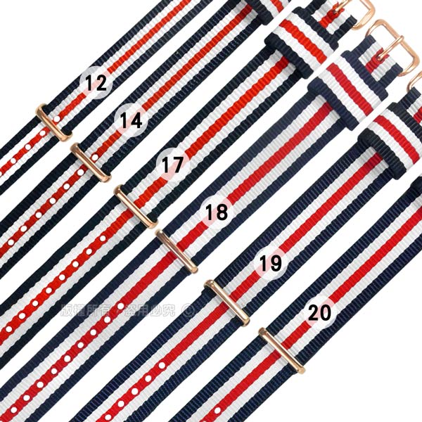 Watchband / DW 各品牌通用 鍍玫瑰金不鏽鋼扣頭 尼龍錶帶 藍x白x紅