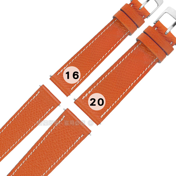 Watchband / 16.20 mm / HERMES 愛馬仕 質感車線 高級替用真皮錶帶 橘x白色縫線