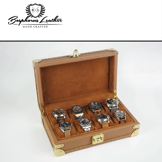 伯倫 Saffiano-X8 焦糖棕 收藏型金釦八腕錶盒