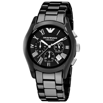 Emporio Armani 經典羅馬黑色陶瓷三眼計時腕錶-黑(AR1400)x43mm