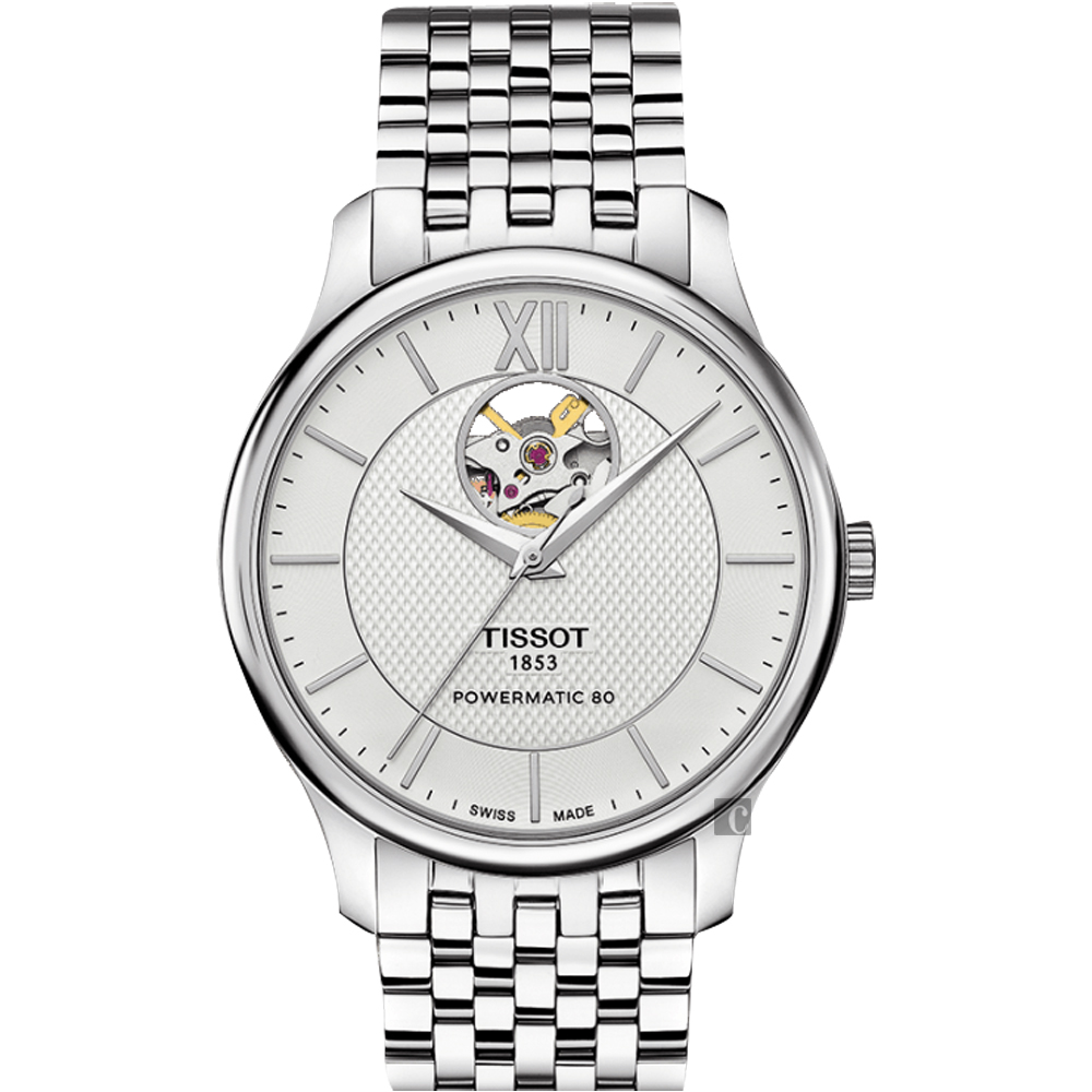 TISSOT Tradition 80小時動力鏤空機械腕錶-銀/40mm T0639071103800