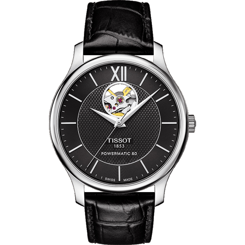 TISSOT 天梭 Tradition 80小時動力鏤空機械腕錶-黑/40mm T0639071605800