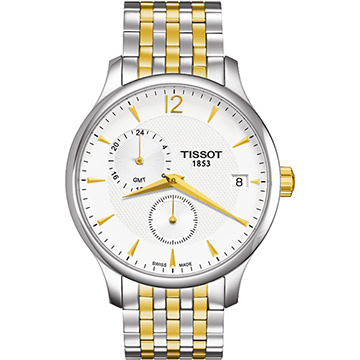 TISSOT Tradition GMT 二地時區經典腕錶-銀x雙色版/42mm T0636392203700