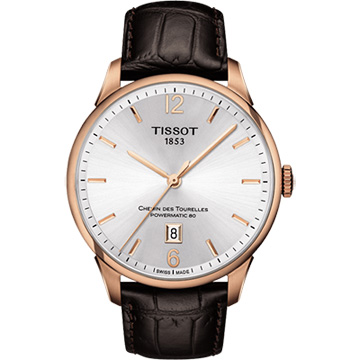 TISSOT 杜魯爾系列機械動力80腕錶-銀x玫瑰金框/42mm T0994073603700
