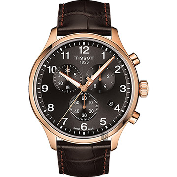 TISSOT 天梭 韻馳系列 Chrono XL計時手錶-灰x玫塊金框/45mm T1166173605701