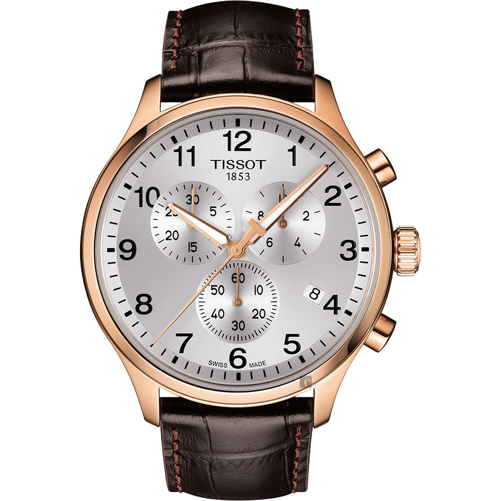 TISSOT 天梭 韻馳系列 Chrono XL計時手錶-銀x玫塊金框x咖啡錶帶/45mm T1166173603700