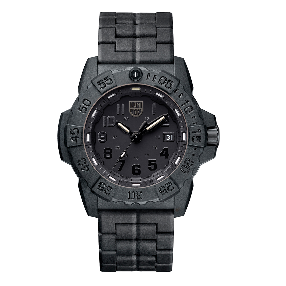 LUMINOX 雷明時NAVY SEAL 3500海豹2代碳纖維鏈帶腕錶-消光黑x黑時標/45mm