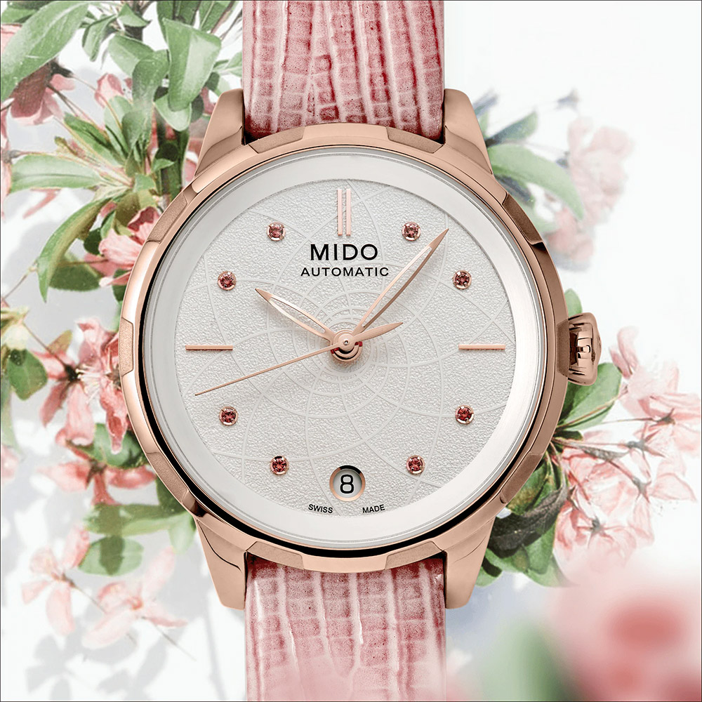MIDO 美度 Rainflower 花雨系列機械女錶-白x粉紅/34mm M0432073601100