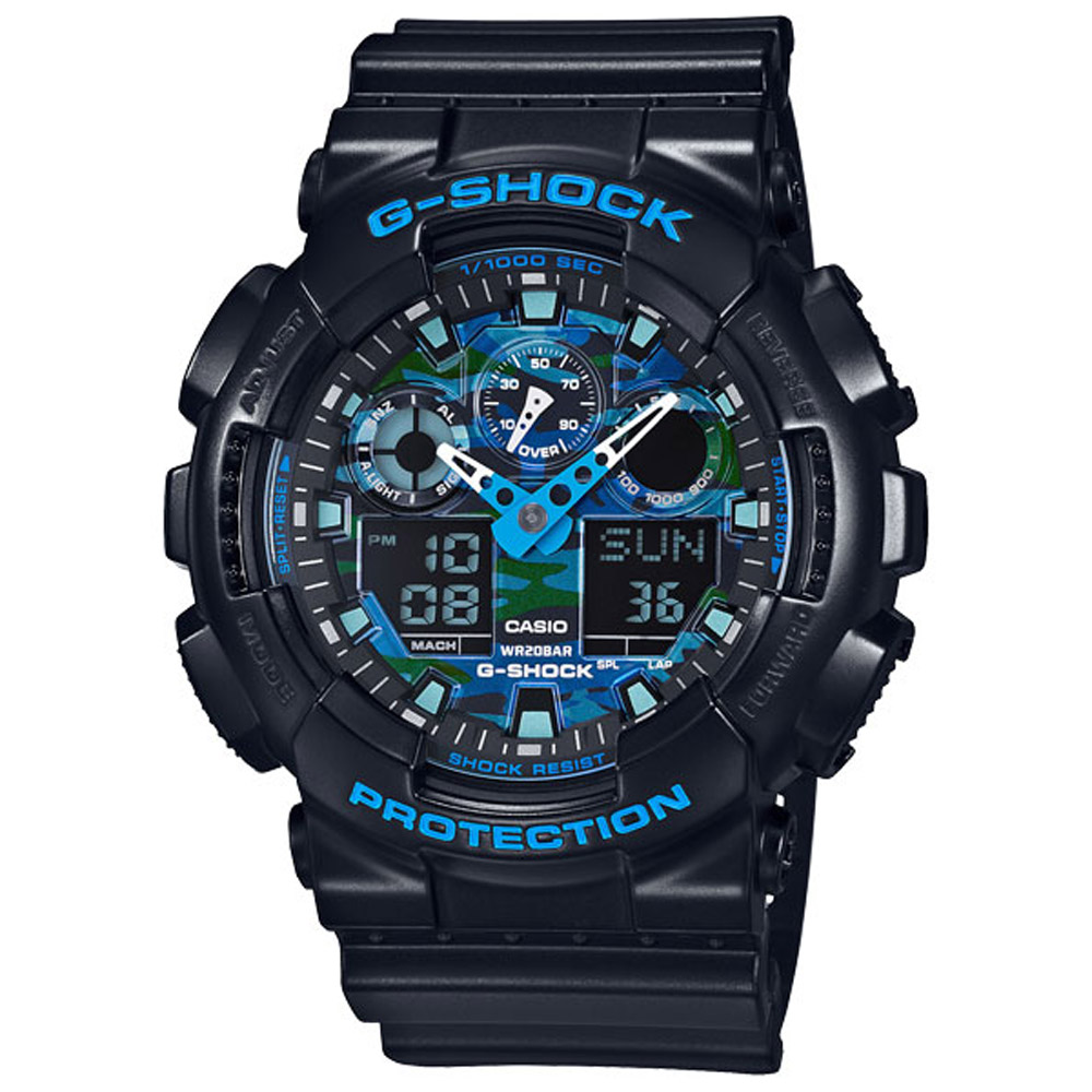 【CASIO】卡西歐 G-SHOCK系列 酷炫迷彩設計雙顯電子錶 (藍 GA-100CB-1A )