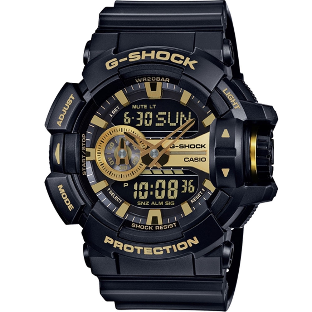 【CASIO】卡西歐 G-SHOCK系列 亮彩光澤時尚雙顯電子錶 (黑/金 GA-400GB-1A9 )