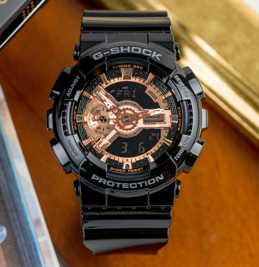 【CASIO】G-SHOCK 榮耀搶眼雙顯樹脂腕錶/黑x玫瑰金(GA-110MMC-1ADR)