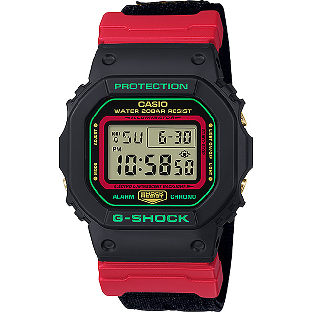 CASIO 卡西歐 G-SHOCK 紅武士 帆布錶帶手錶 DW-5600THC-1
